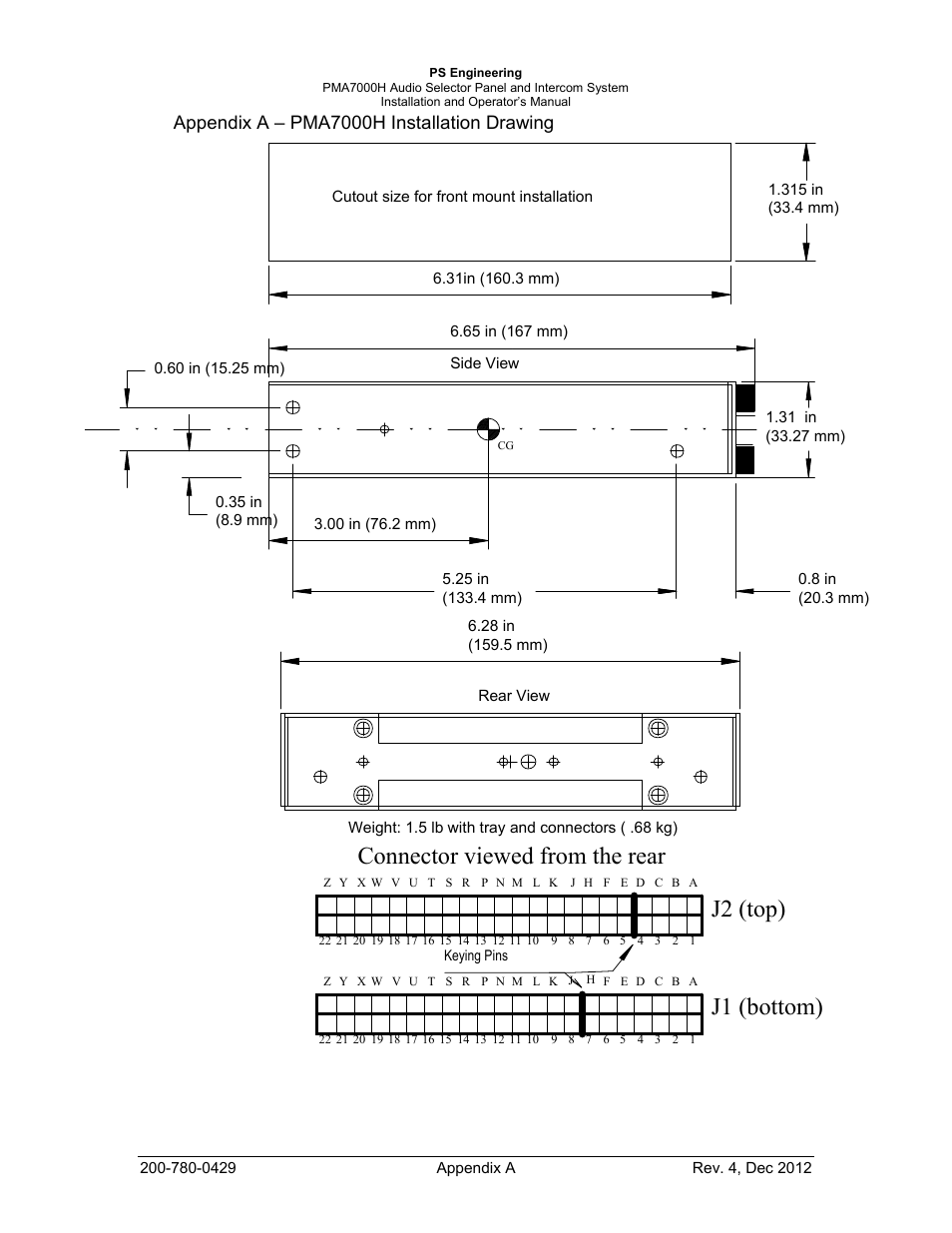 Appendix a – pma7000h installation drawing, J1 (bottom) j2 (top), Connector viewed from the rear | PS Engineering PMA7000H Installation Manual User Manual | Page 28 / 32