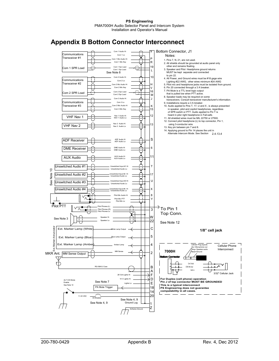 Appendix b bottom connector interconnect, Bottom connector, j1 | PS Engineering PMA7000H Installation Manual User Manual | Page 29 / 32