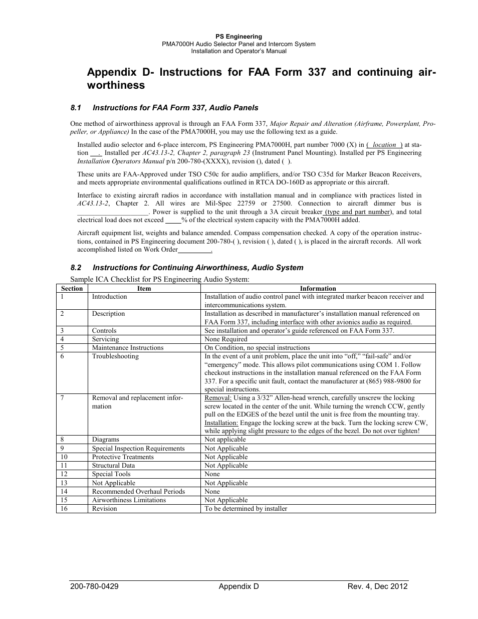 Worthiness, Instructions for faa form 337, audio panels | PS Engineering PMA7000H Installation Manual User Manual | Page 31 / 32