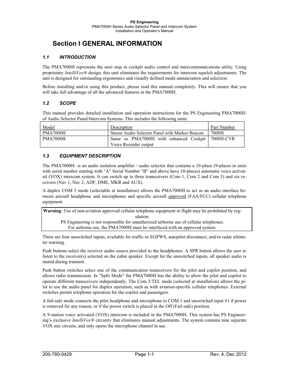Section i general information, 1introduction, 2scope | 3equipment description | PS Engineering PMA7000H Installation Manual User Manual | Page 4 / 32