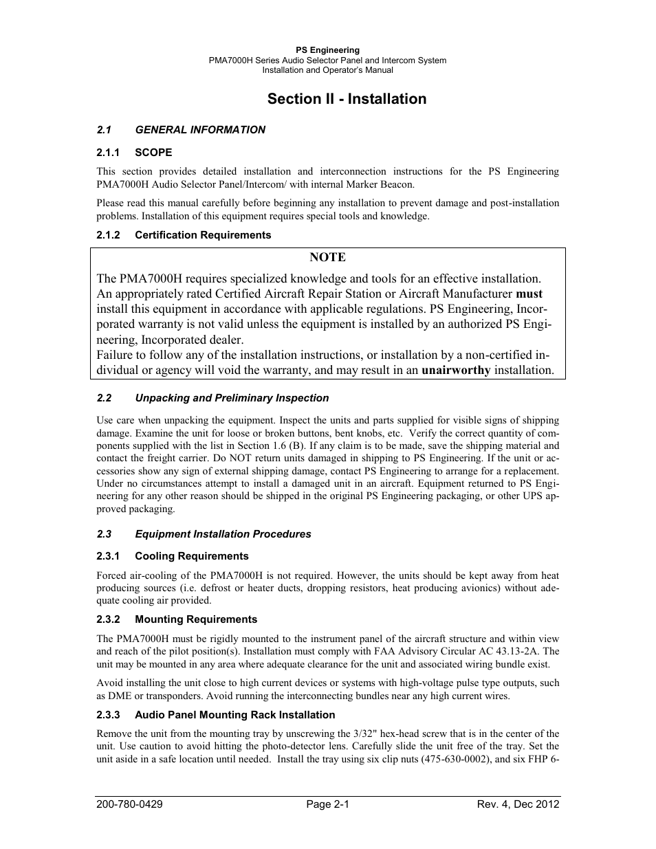 Section ii - installation, General information, Scope | Certification requirements, Unpacking and preliminary inspection, Equipment installation procedures, Cooling requirements, Mounting requirements, Audio panel mounting rack installation | PS Engineering PMA7000H Installation Manual User Manual | Page 8 / 32