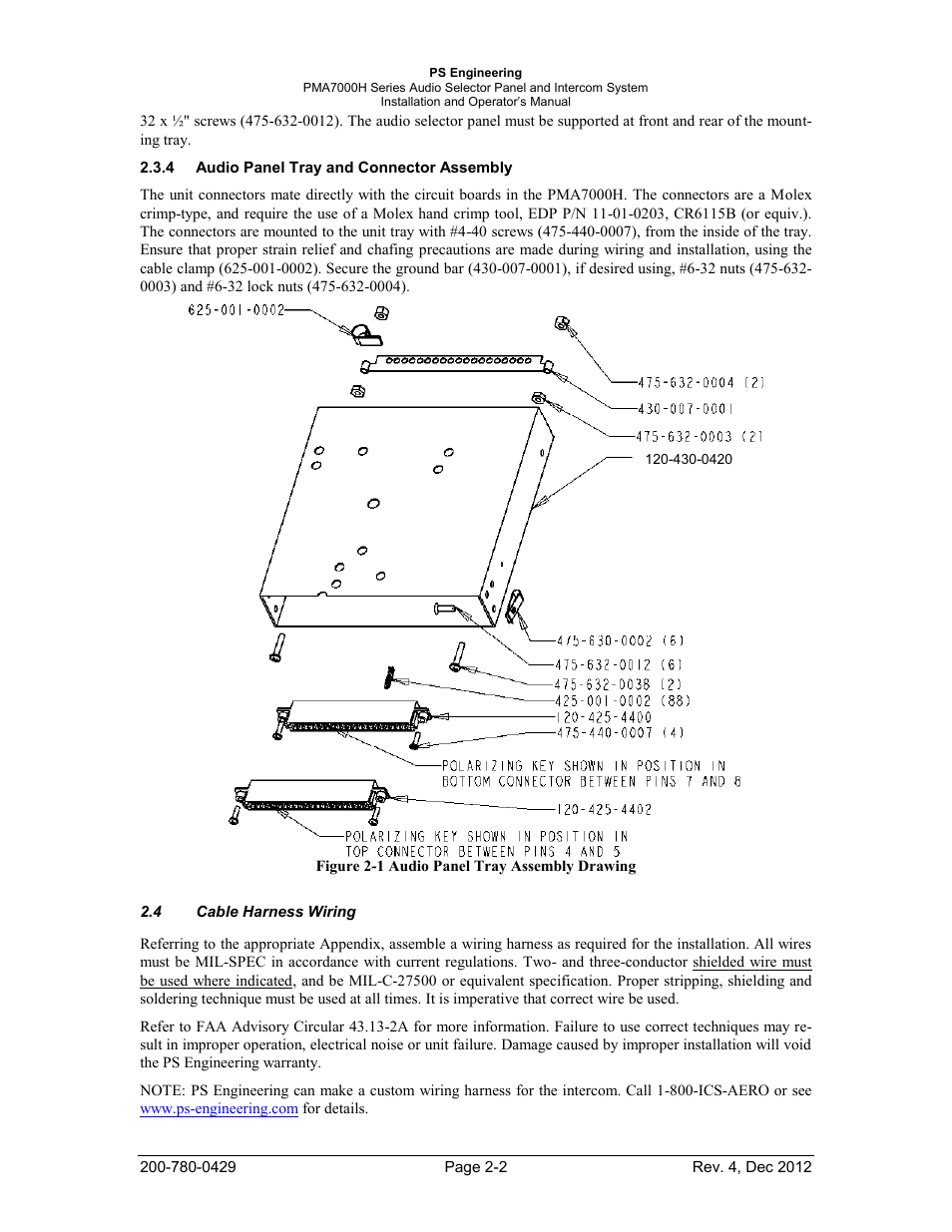 Audio panel tray and connector assembly, Cable harness wiring | PS Engineering PMA7000H Installation Manual User Manual | Page 9 / 32