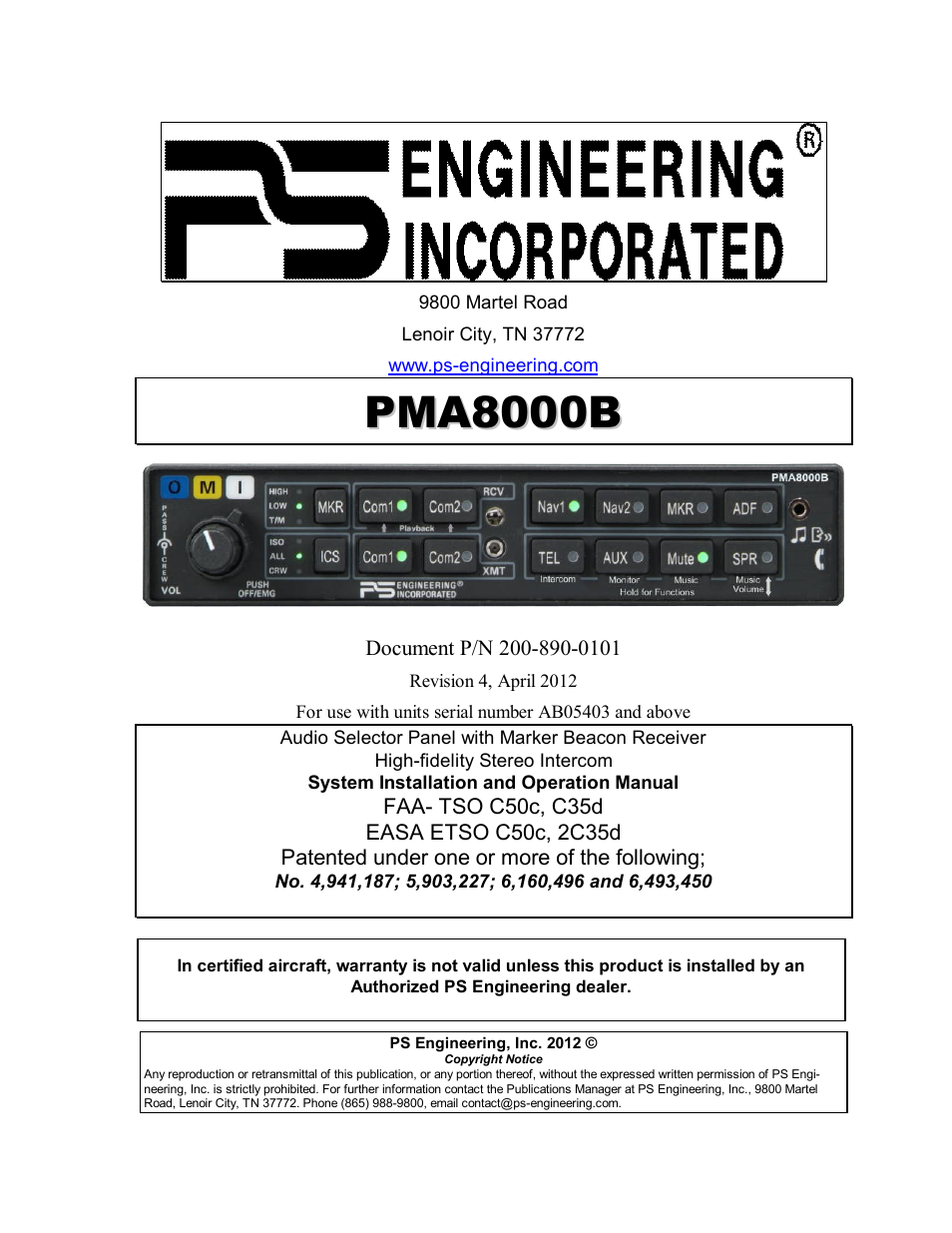 PS Engineering PMA8000B Installation Manual User Manual | 39 pages