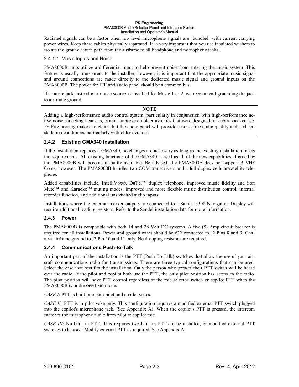 Existing gma340 installation, Power, Communications push-to-talk | Xisting, Gma340, Nstallation, Ower, Ommunications | PS Engineering PMA8000B Installation Manual User Manual | Page 10 / 39