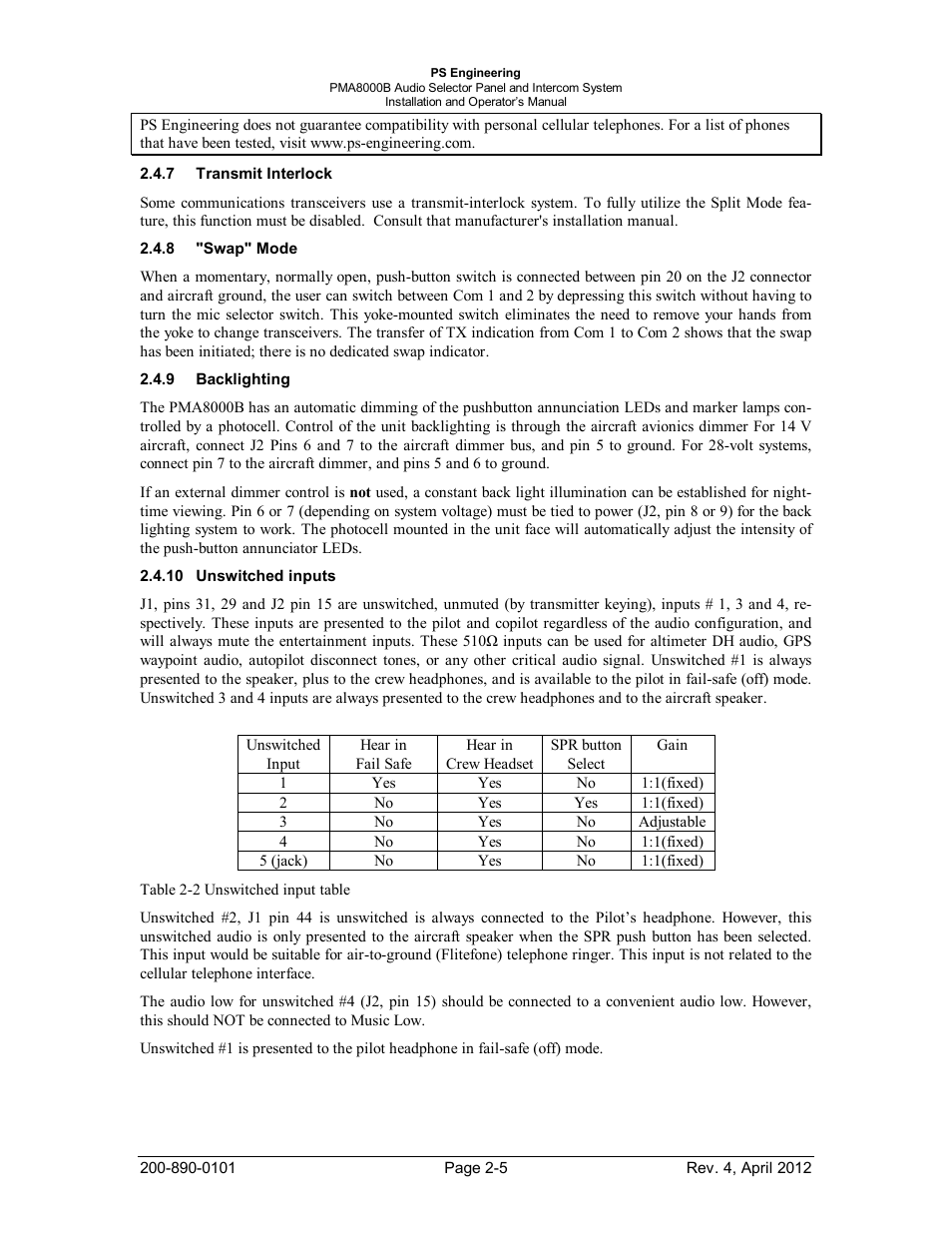 Transmit interlock, Swap" mode, Backlighting | Unswitched inputs, Ransmit, Nterlock, Acklighting, Nswitched inputs | PS Engineering PMA8000B Installation Manual User Manual | Page 12 / 39