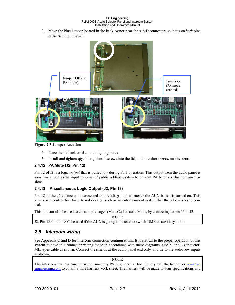 Pa mute (j2, pin 12), Miscellaneous logic output (j2, pin 18), Intercom wiring | Iscellaneous, Ogic, Utput, Ntercom wiring | PS Engineering PMA8000B Installation Manual User Manual | Page 14 / 39