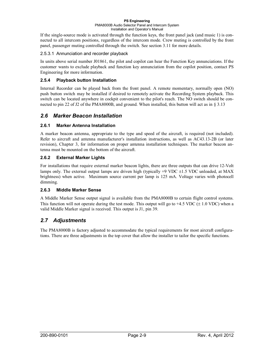 Playback button installation, Marker beacon installation, Marker antenna installation | External marker lights, Middle marker sense, Adjustments, Layback button, Nstallation, Arker, Eacon | PS Engineering PMA8000B Installation Manual User Manual | Page 16 / 39