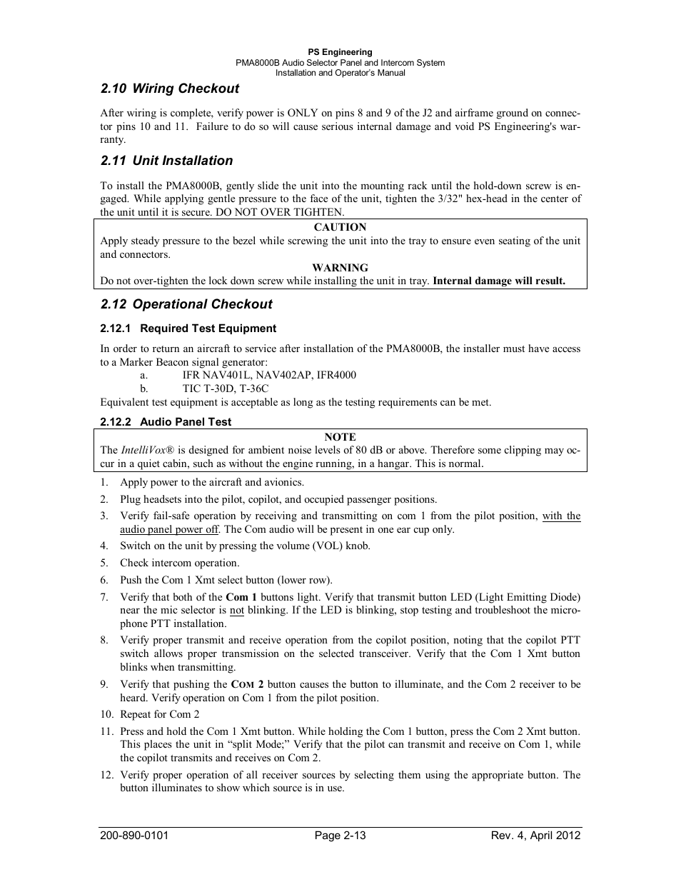 Wiring checkout, Unit installation, Operational checkout | Required test equipment, Audio panel test, Iring, Heckout, Nstallation, Perational, Equired | PS Engineering PMA8000B Installation Manual User Manual | Page 20 / 39