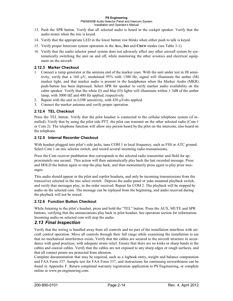 Marker checkout, Tel checkout, Internal recorder checkout | Function button checkout, Final inspection, Arker, Heckout, Nternal, Ecorder, Unction | PS Engineering PMA8000B Installation Manual User Manual | Page 21 / 39