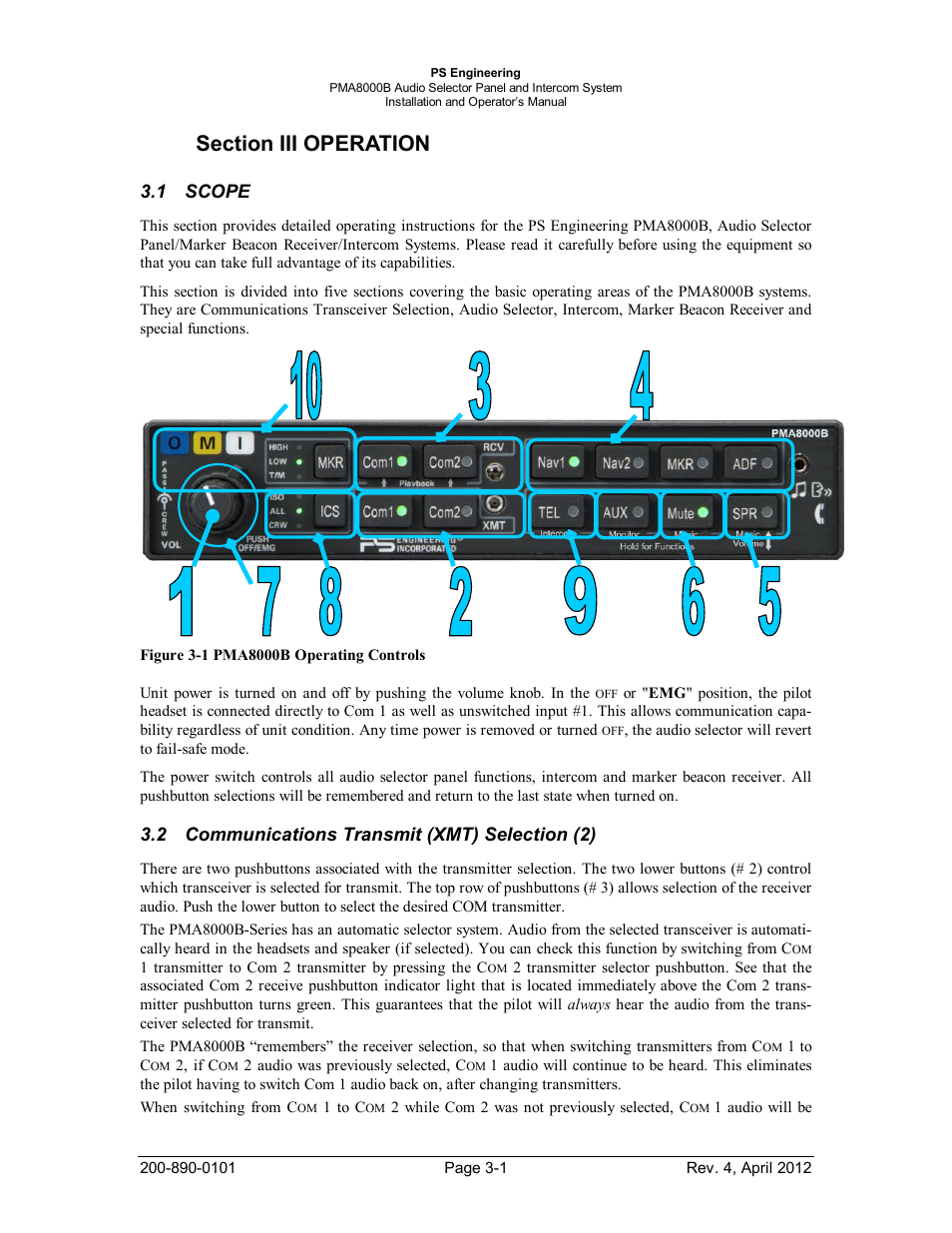 Section iii operation, Scope, Communications transmit (xmt) selection (2) | Scope -1, Ommunications, Ransmit, Xmt), Election, 1 scope, 2 communications transmit (xmt) selection (2) | PS Engineering PMA8000B Installation Manual User Manual | Page 22 / 39