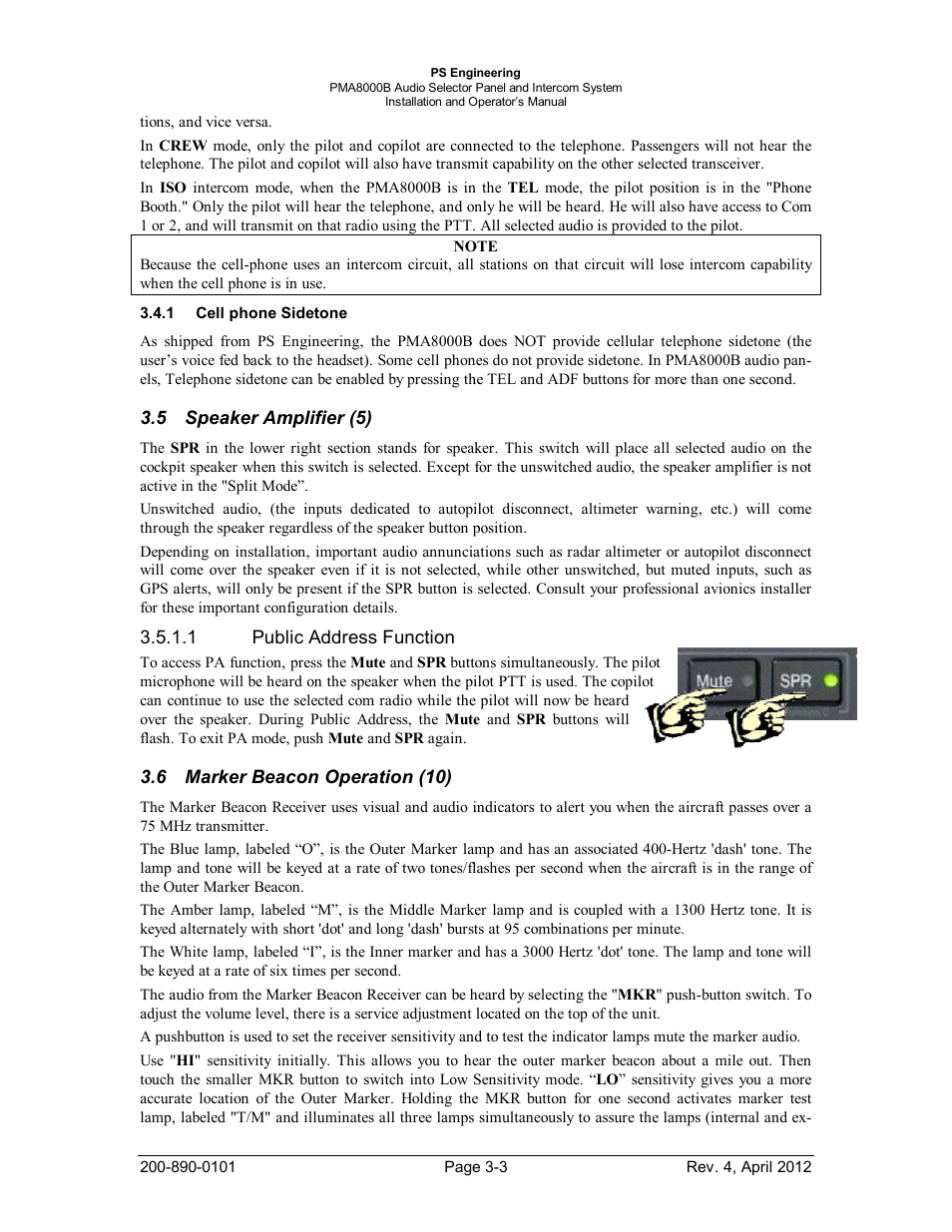 Cell phone sidetone, Speaker amplifier (5), Marker beacon operation (10) | Ell phone, Idetone, Peaker, Mplifier, Arker, Eacon, Peration | PS Engineering PMA8000B Installation Manual User Manual | Page 24 / 39