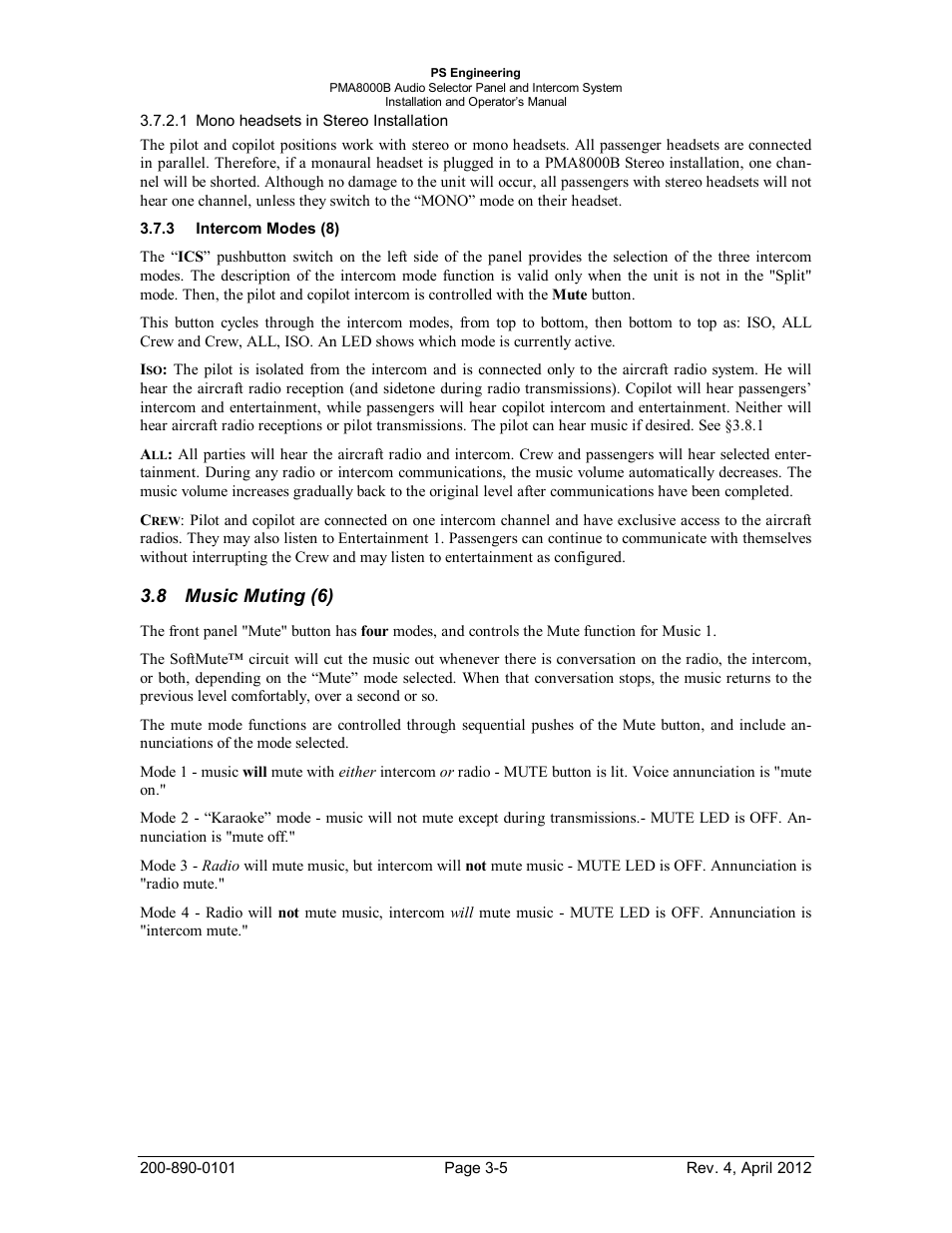 Intercom modes (8), Music muting (6), Ntercom | Odes, Usic, Uting | PS Engineering PMA8000B Installation Manual User Manual | Page 26 / 39