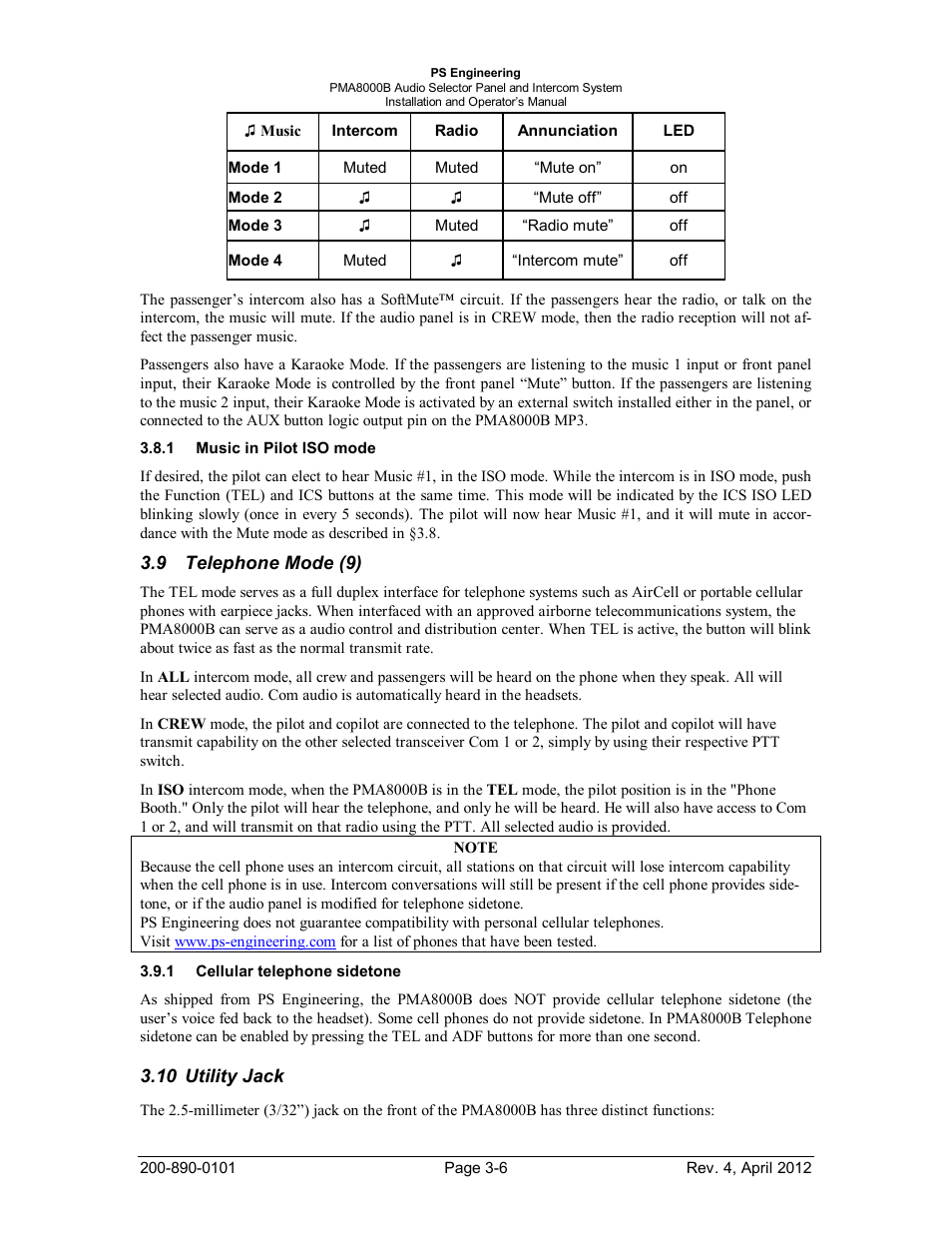 Music in pilot iso mode, Telephone mode (9), Cellular telephone sidetone | Utility jack, Usic in, Ilot, Mode, Elephone, Ellular telephone sidetone, Tility | PS Engineering PMA8000B Installation Manual User Manual | Page 27 / 39