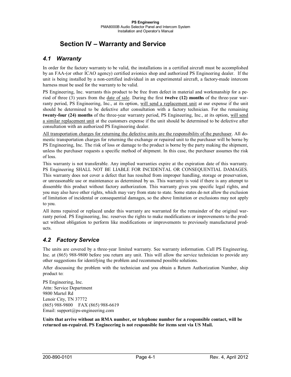 Section iv – warranty and service, Warranty, Factory service | Arranty, Actory, Ervice | PS Engineering PMA8000B Installation Manual User Manual | Page 33 / 39