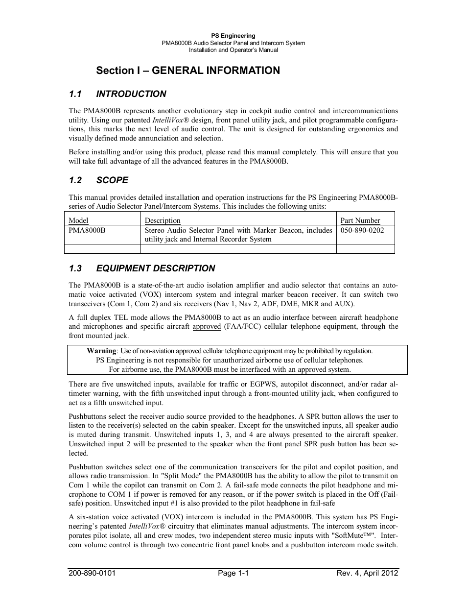 Section i – general information, 1introduction, 2scope | 3equipment description, Section i – general information -1, Introduction -1, Scope -1, Equipment, Description -1 | PS Engineering PMA8000B Installation Manual User Manual | Page 4 / 39