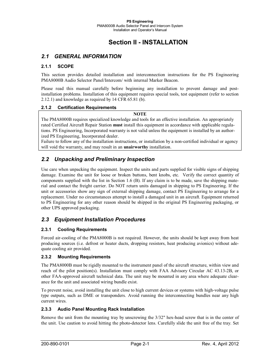 Section ii - installation, General information, Scope | Certification requirements, Unpacking and preliminary inspection, Equipment installation procedures, Cooling requirements, Mounting requirements, Audio panel mounting rack installation, Section ii - installation -1 | PS Engineering PMA8000B Installation Manual User Manual | Page 8 / 39