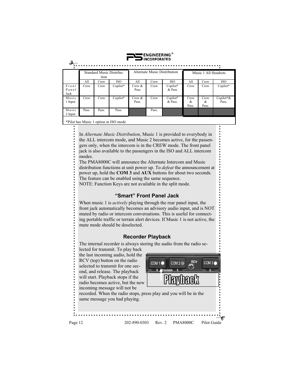 Smart” front panel jack, Recorder playback | PS Engineering PMA8000C Pilot’s Guide User Manual | Page 12 / 20