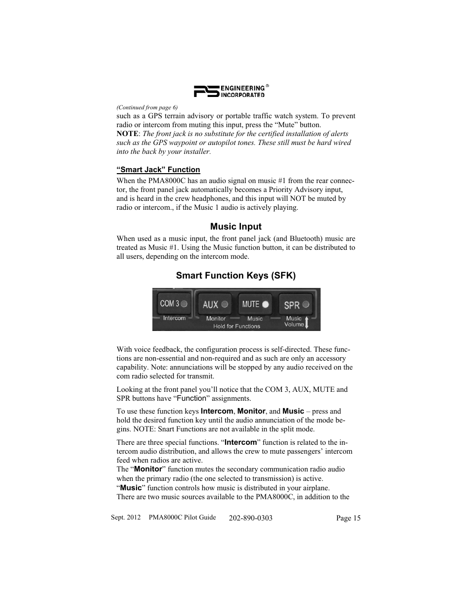 Music input, Smart function keys (sfk) | PS Engineering PMA8000C Pilot’s Guide User Manual | Page 15 / 20