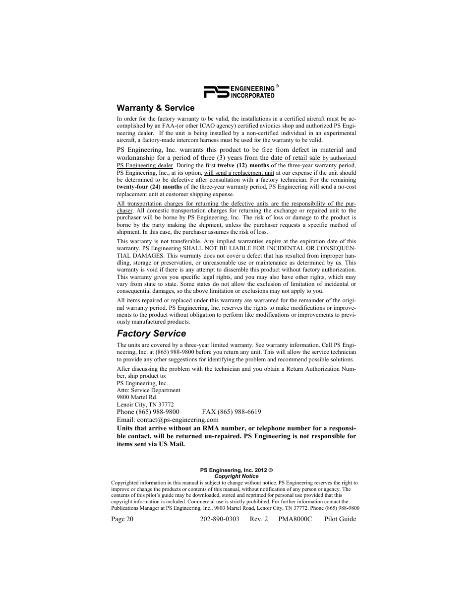 Factory service | PS Engineering PMA8000C Pilot’s Guide User Manual | Page 20 / 20