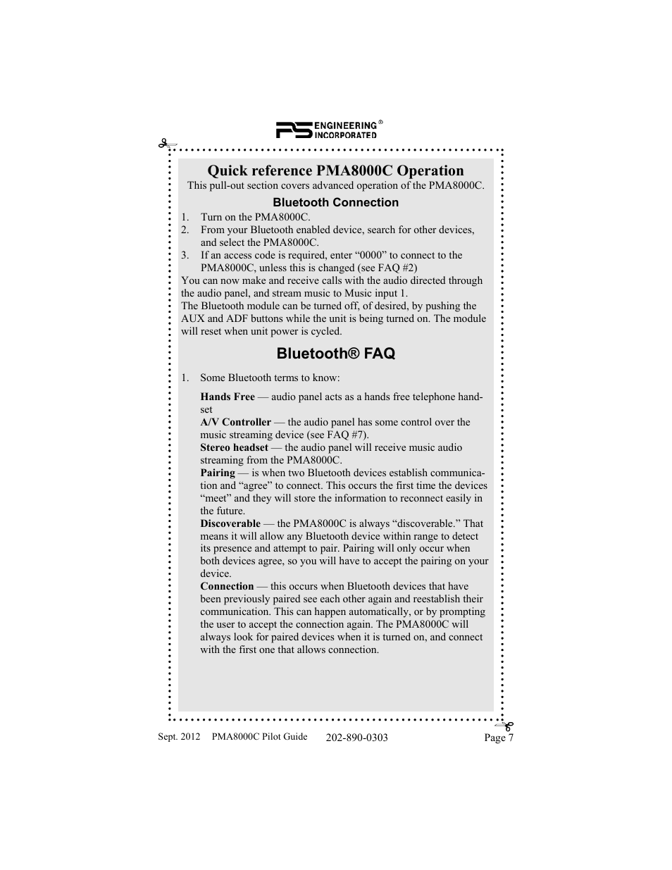 Quick reference pma8000c operation, Bluetooth® faq | PS Engineering PMA8000C Pilot’s Guide User Manual | Page 7 / 20