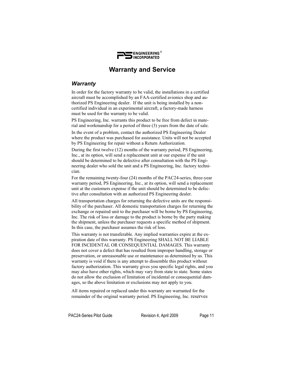 Warranty and service | PS Engineering PAC24 Pilot’s Guide User Manual | Page 11 / 12