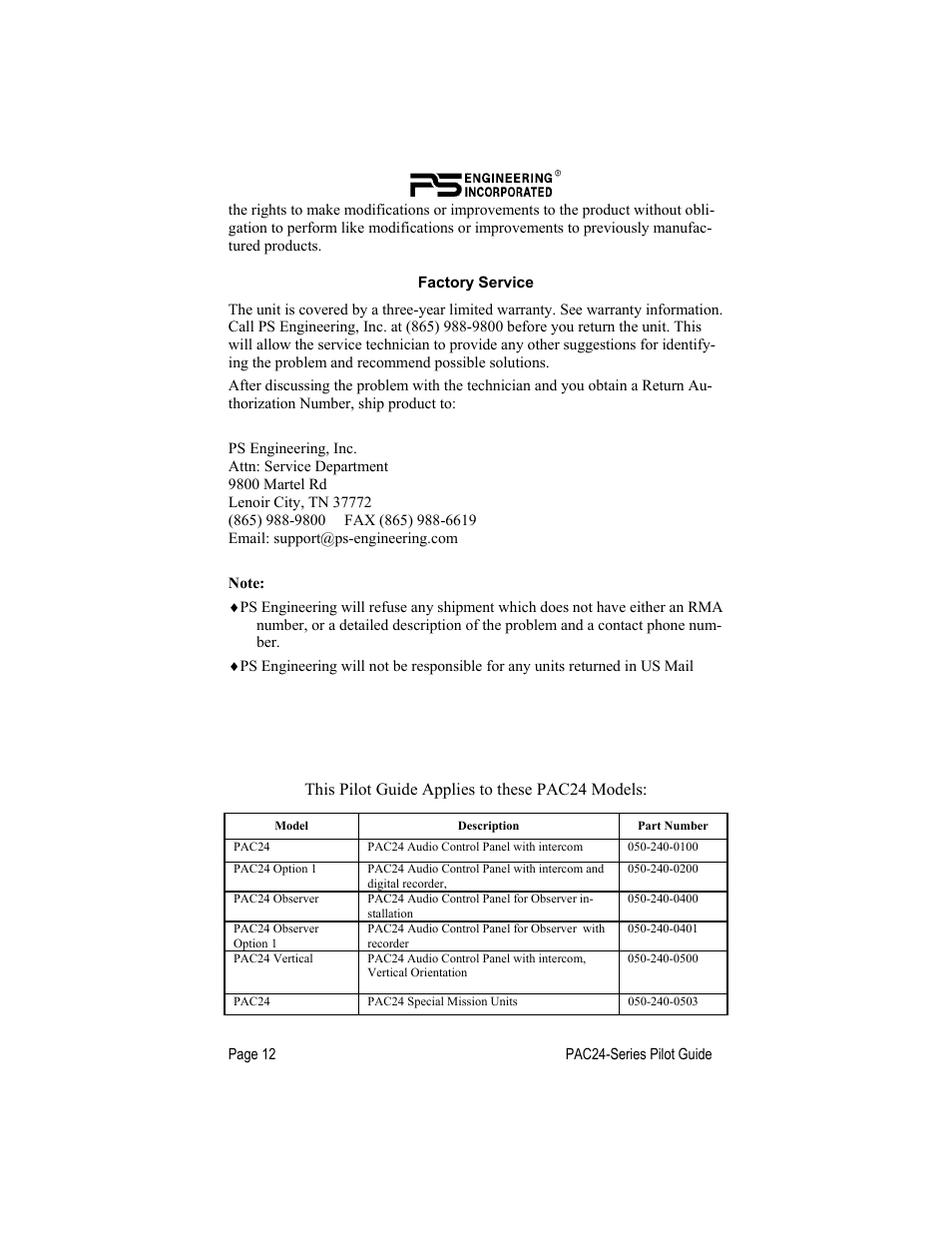 PS Engineering PAC24 Pilot’s Guide User Manual | Page 12 / 12