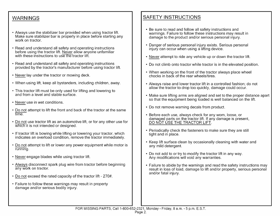 Warnings, Safety instructions | Craftsman 610.24600 User Manual | Page 2 / 13