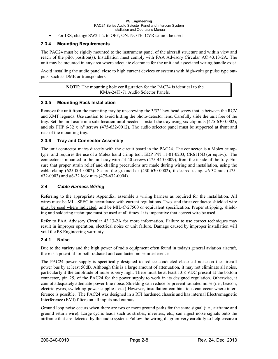 Mounting requirements, Mounting rack installation, Tray and connector assembly | Cable harness wiring, Noise, Ounting, Equirements, Nstallation, Ray and, Onnector | PS Engineering PAC24 Installation Manual User Manual | Page 15 / 41