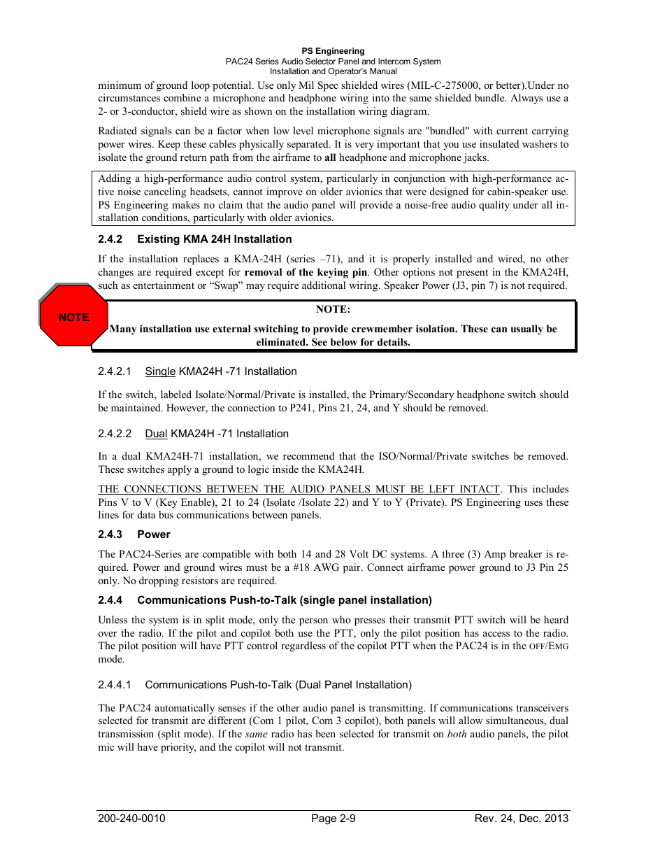 Existing kma 24h installation, Power, Xisting | Nstallation, Ower, Ommunications, Single panel installation | PS Engineering PAC24 Installation Manual User Manual | Page 16 / 41