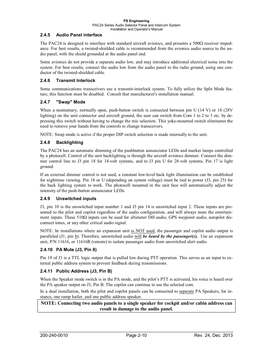 Audio panel interface, Transmit interlock, Swap" mode | Backlighting, Unswitched inputs, Pa mute (j3, pin 8), Public address (j3, pin b), Udio, Anel interface, Ransmit | PS Engineering PAC24 Installation Manual User Manual | Page 17 / 41
