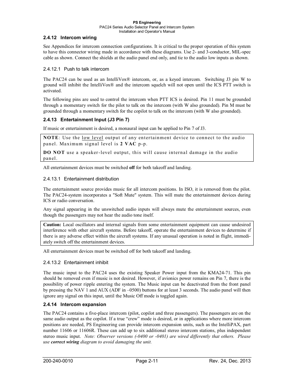 Intercom wiring, Entertainment input (j3 pin 7), Intercom expansion | Ntercom wiring, Ntertainment, Nput, Ntercom expansion | PS Engineering PAC24 Installation Manual User Manual | Page 18 / 41