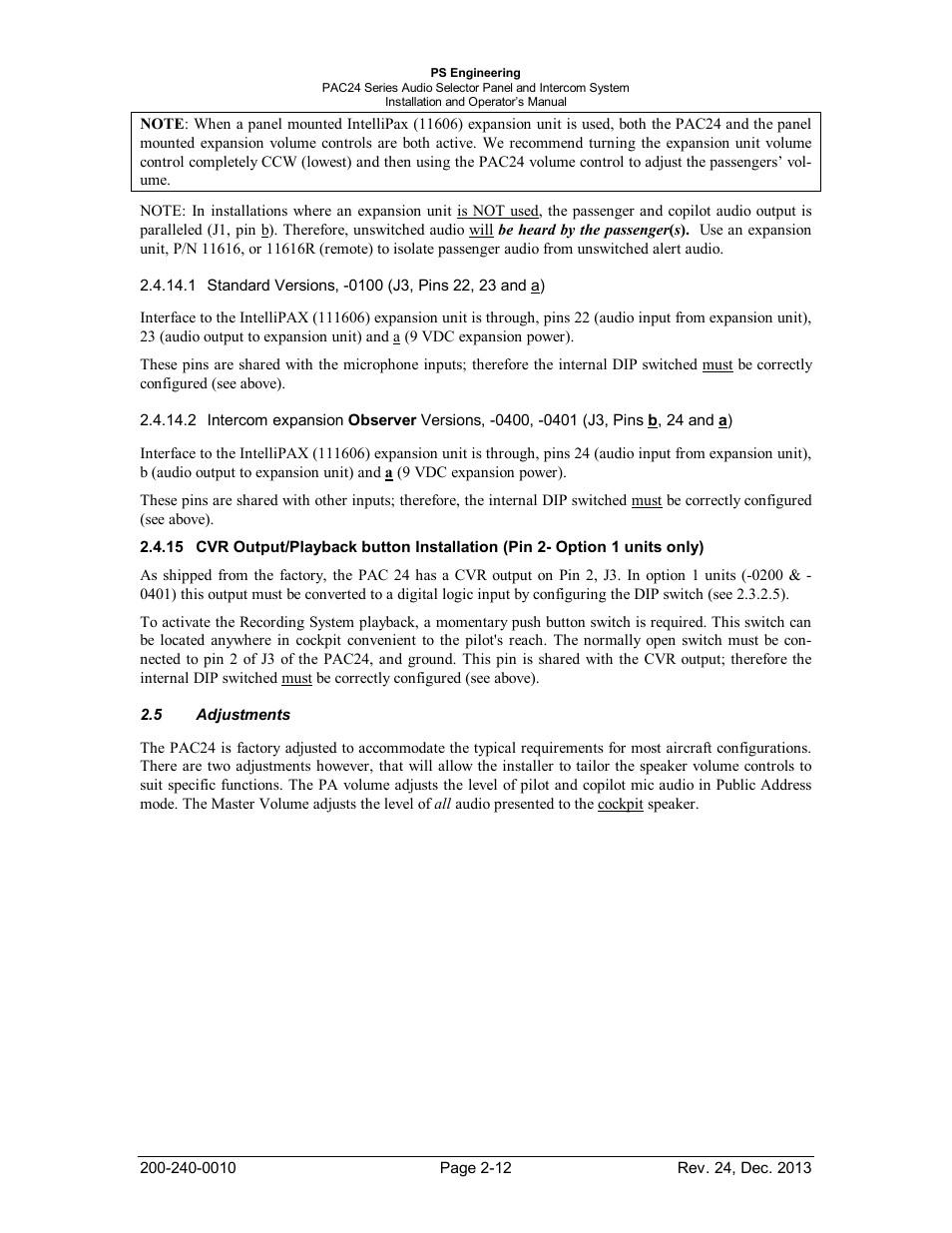 Adjustments, Utput, Layback button | Nstallation, Ption, Units only, Djustments | PS Engineering PAC24 Installation Manual User Manual | Page 19 / 41