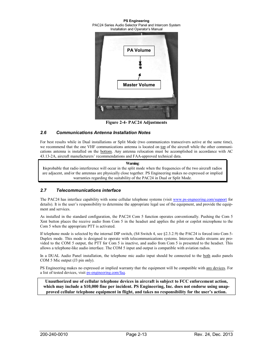 Communications antenna installation notes, Telecommunications interface, Ommunications | Ntenna, Nstallation, Otes, Elecommunications interface | PS Engineering PAC24 Installation Manual User Manual | Page 20 / 41