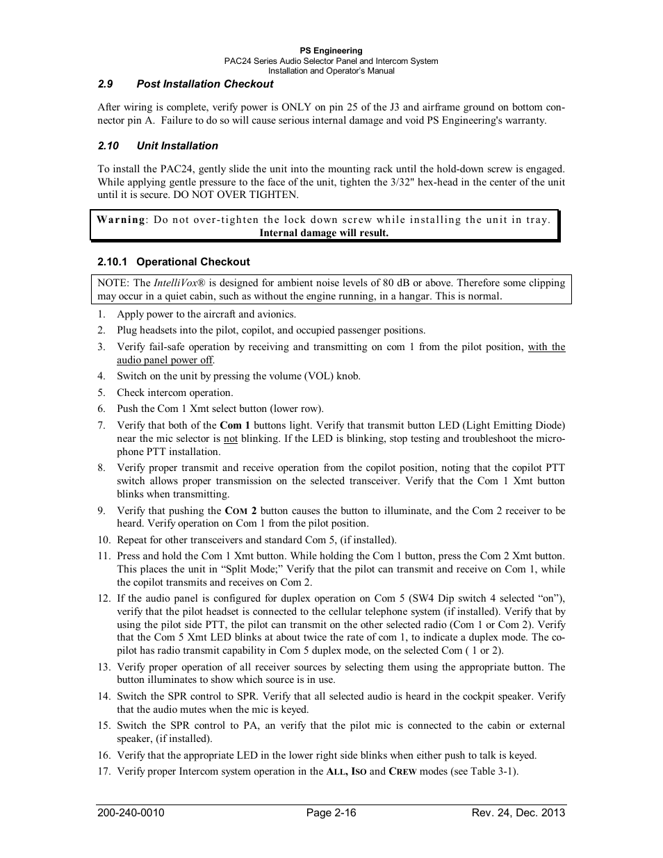 Post installation checkout, Unit installation, Operational checkout | Nstallation, Heckout, Perational | PS Engineering PAC24 Installation Manual User Manual | Page 23 / 41