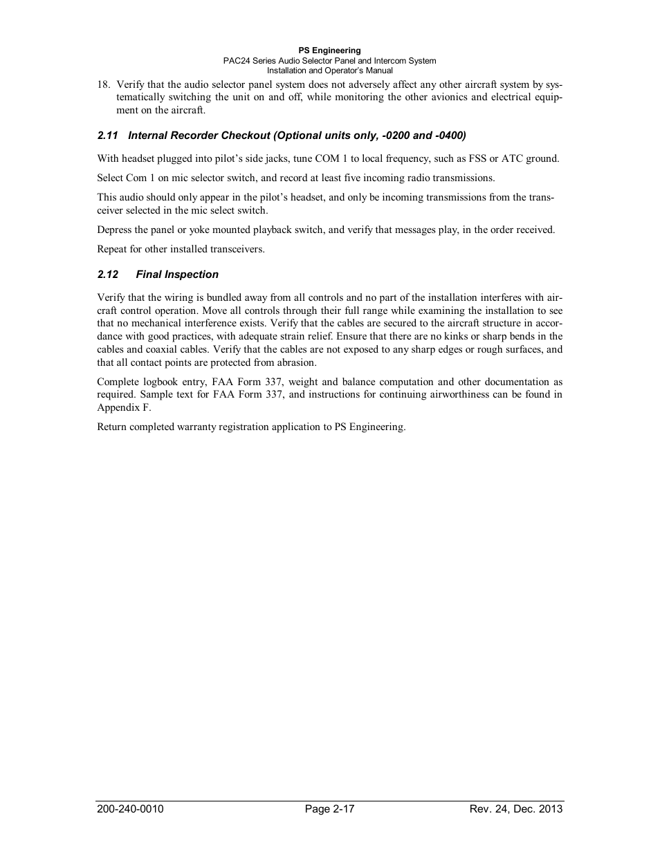 Final inspection, Nternal, Ecorder | Heckout, Ptional units only, Inal, Nspection | PS Engineering PAC24 Installation Manual User Manual | Page 24 / 41