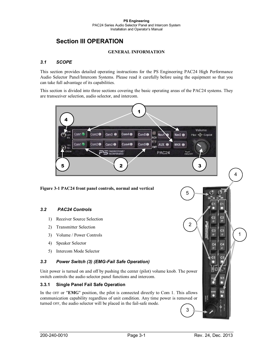 Section iii operation, Scope, Pac24 controls | Power switch (3) (emg-fail safe operation), Single panel fail safe operation, Section iii operation -1, Scope -1, Pac24, Ontrols, Ower | PS Engineering PAC24 Installation Manual User Manual | Page 25 / 41