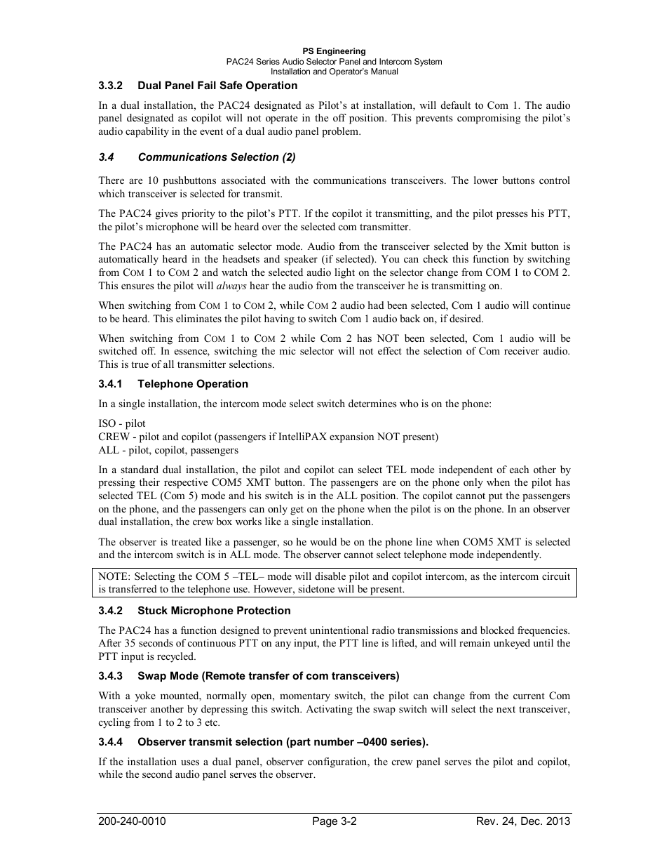 Dual panel fail safe operation, Communications selection (2), Telephone operation | Stuck microphone protection, Swap mode (remote transfer of com transceivers), Anel, Peration, Ommunications, Election, Elephone | PS Engineering PAC24 Installation Manual User Manual | Page 26 / 41