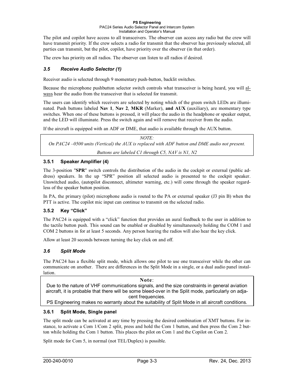 Receive audio selector (1), Speaker amplifier (4), Key “click | Split mode, Split mode, single panel, Eceive, Udio, Elector, Peaker, Mplifier | PS Engineering PAC24 Installation Manual User Manual | Page 27 / 41