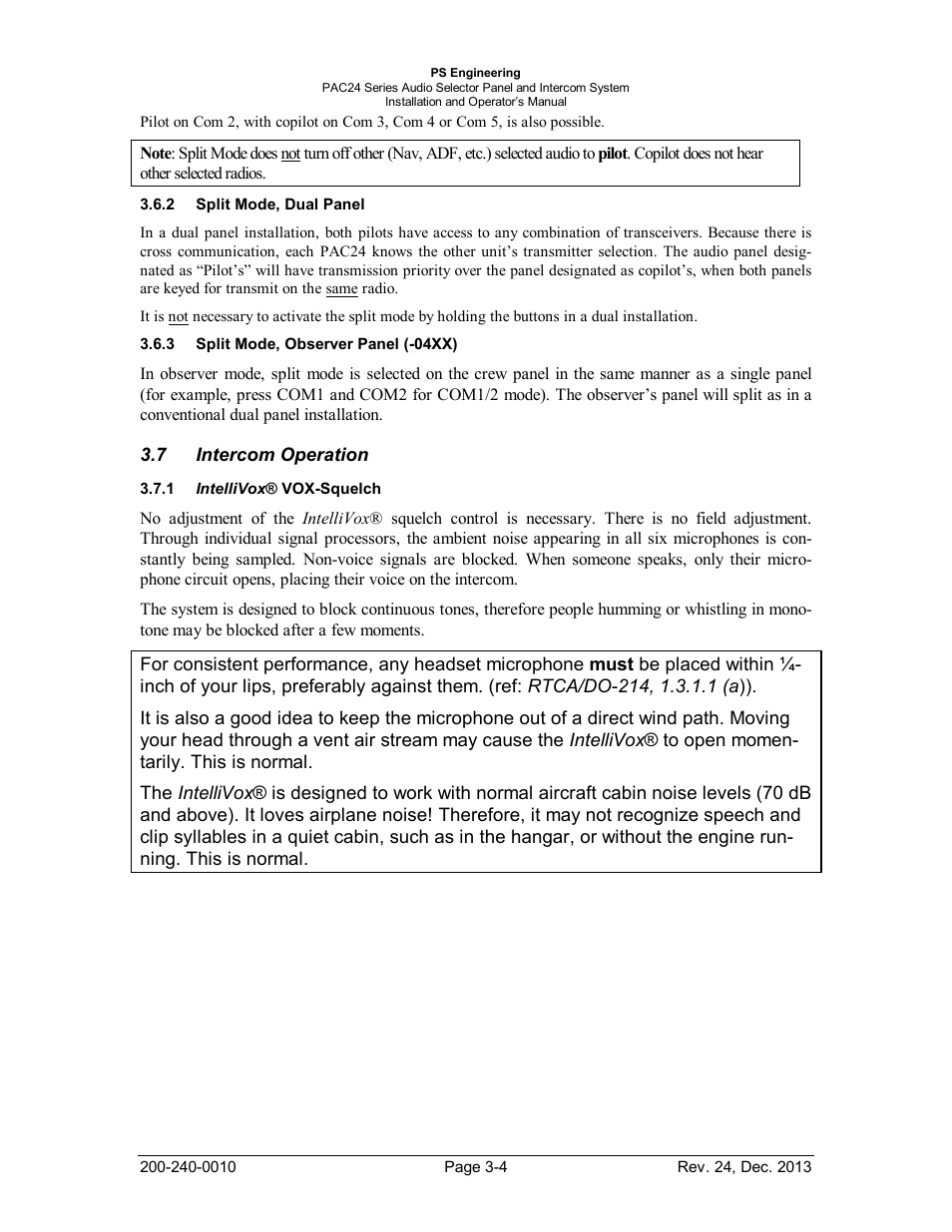 Split mode, dual panel, Split mode, observer panel (-04xx), Intercom operation | Intellivox® vox-squelch, Plit, Anel, Bserver, 04xx) -4, Ntercom, Peration | PS Engineering PAC24 Installation Manual User Manual | Page 28 / 41