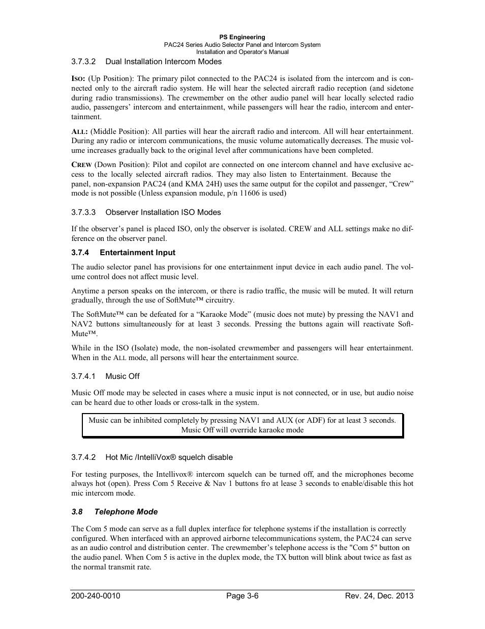 Entertainment input, Telephone mode, Ntertainment | Nput, Elephone | PS Engineering PAC24 Installation Manual User Manual | Page 30 / 41
