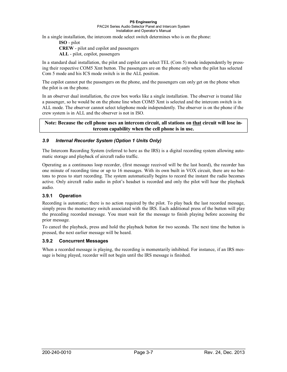 Internal recorder system (option 1 units only), Operation, Concurrent messages | Nternal, Ecorder, Ystem, Ption, Nits, Peration, Oncurrent | PS Engineering PAC24 Installation Manual User Manual | Page 31 / 41