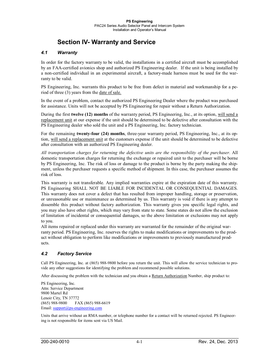 Section iv- warranty and service, Warranty, Factory service | Section iv- warranty and service -1, Arranty, Actory, Ervice | PS Engineering PAC24 Installation Manual User Manual | Page 32 / 41