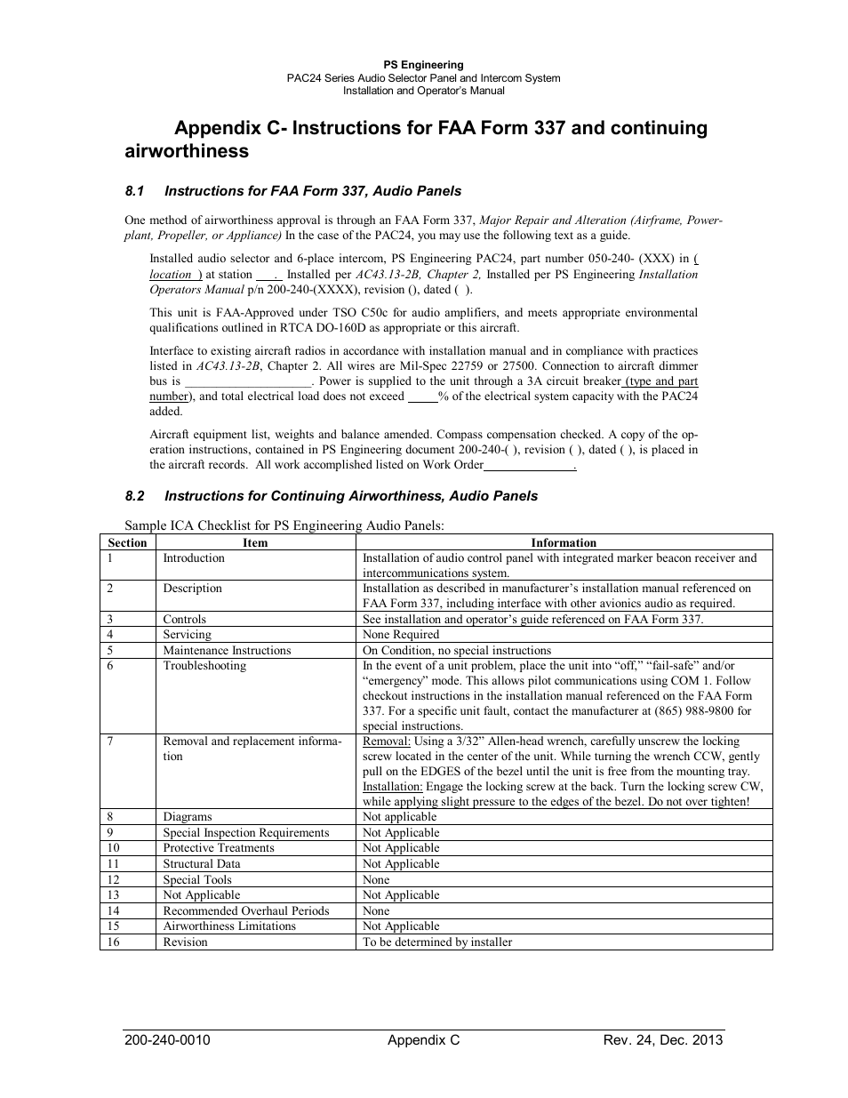 Instructions for faa form 337, audio panels, Nstructions for, Udio | Anels, Ontinuing, Irworthiness | PS Engineering PAC24 Installation Manual User Manual | Page 39 / 41