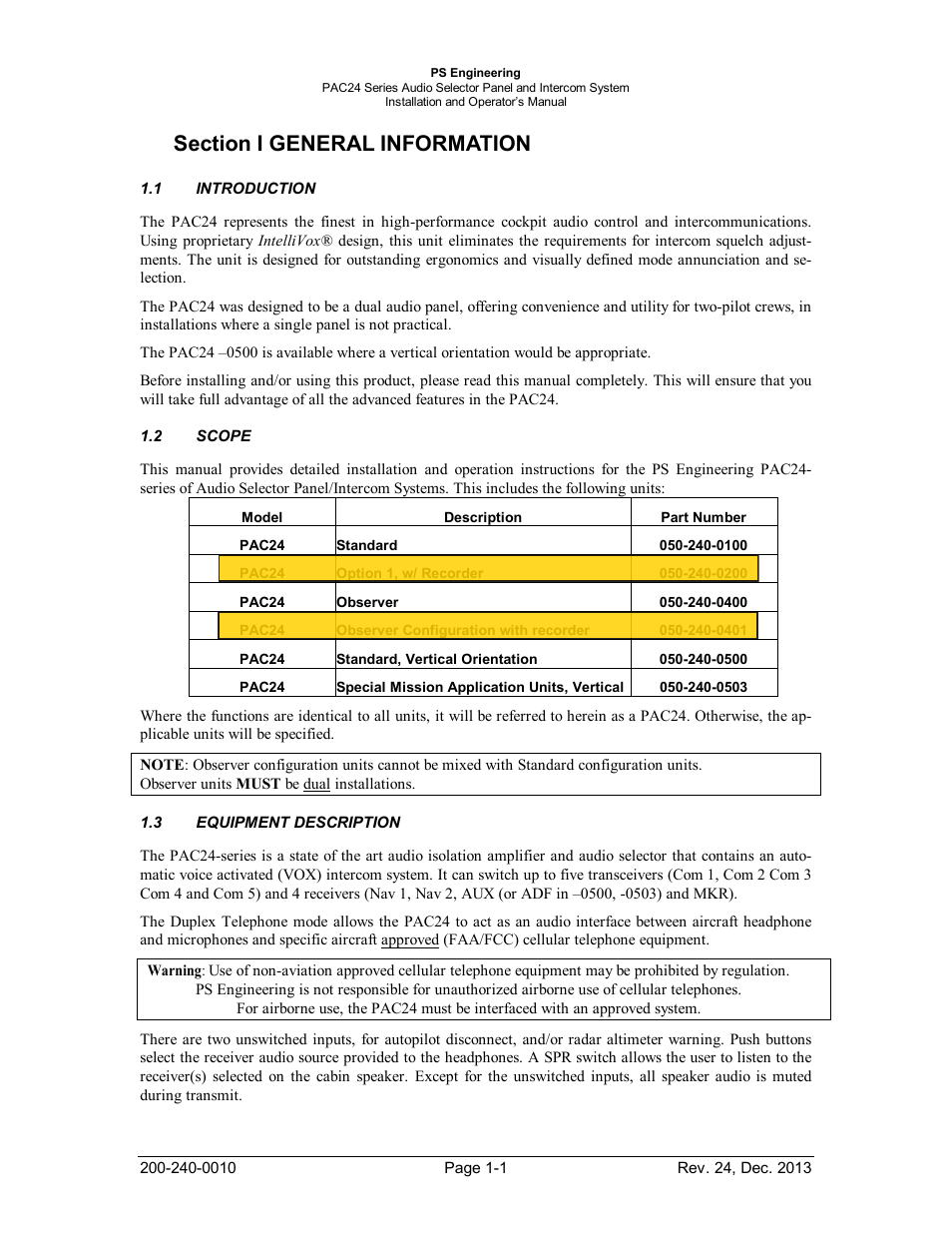 Section i general information, 1introduction, 2scope | 3equipment description, Section i general information -1, Introduction -1, Scope -1, Equipment, Description -1 | PS Engineering PAC24 Installation Manual User Manual | Page 4 / 41