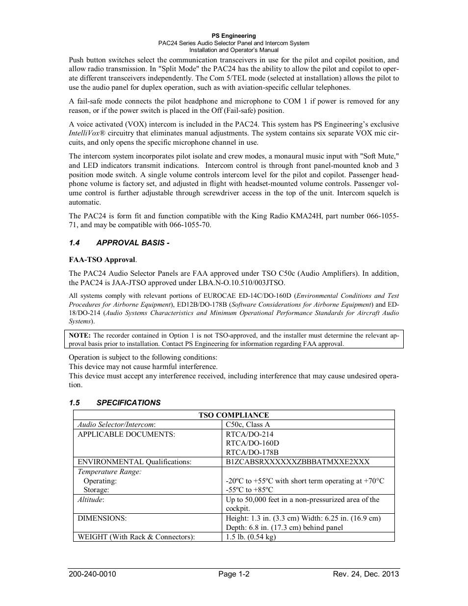 4approval basis, 5specifications, Approval | Basis, Specifications -2 | PS Engineering PAC24 Installation Manual User Manual | Page 5 / 41