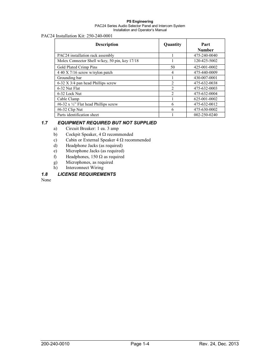 7equipment required but not supplied, 8license requirements, Equipment | Required, Supplied -4, License, Requirements -4 | PS Engineering PAC24 Installation Manual User Manual | Page 7 / 41