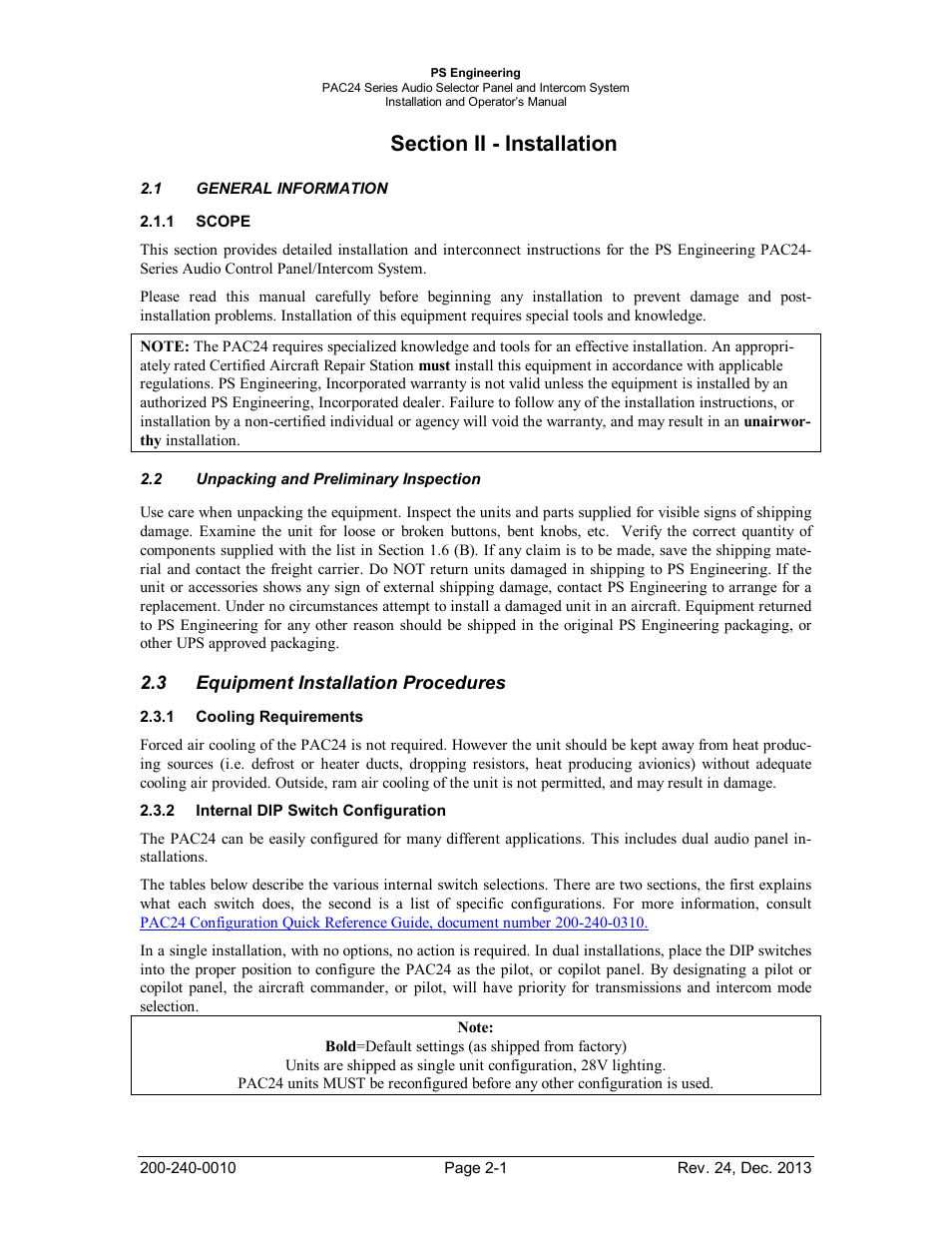 Section ii - installation, General information, Scope | Unpacking and preliminary inspection, Equipment installation procedures, Cooling requirements, Internal dip switch configuration, Section ii - installation -1, General, Information -1 | PS Engineering PAC24 Installation Manual User Manual | Page 8 / 41