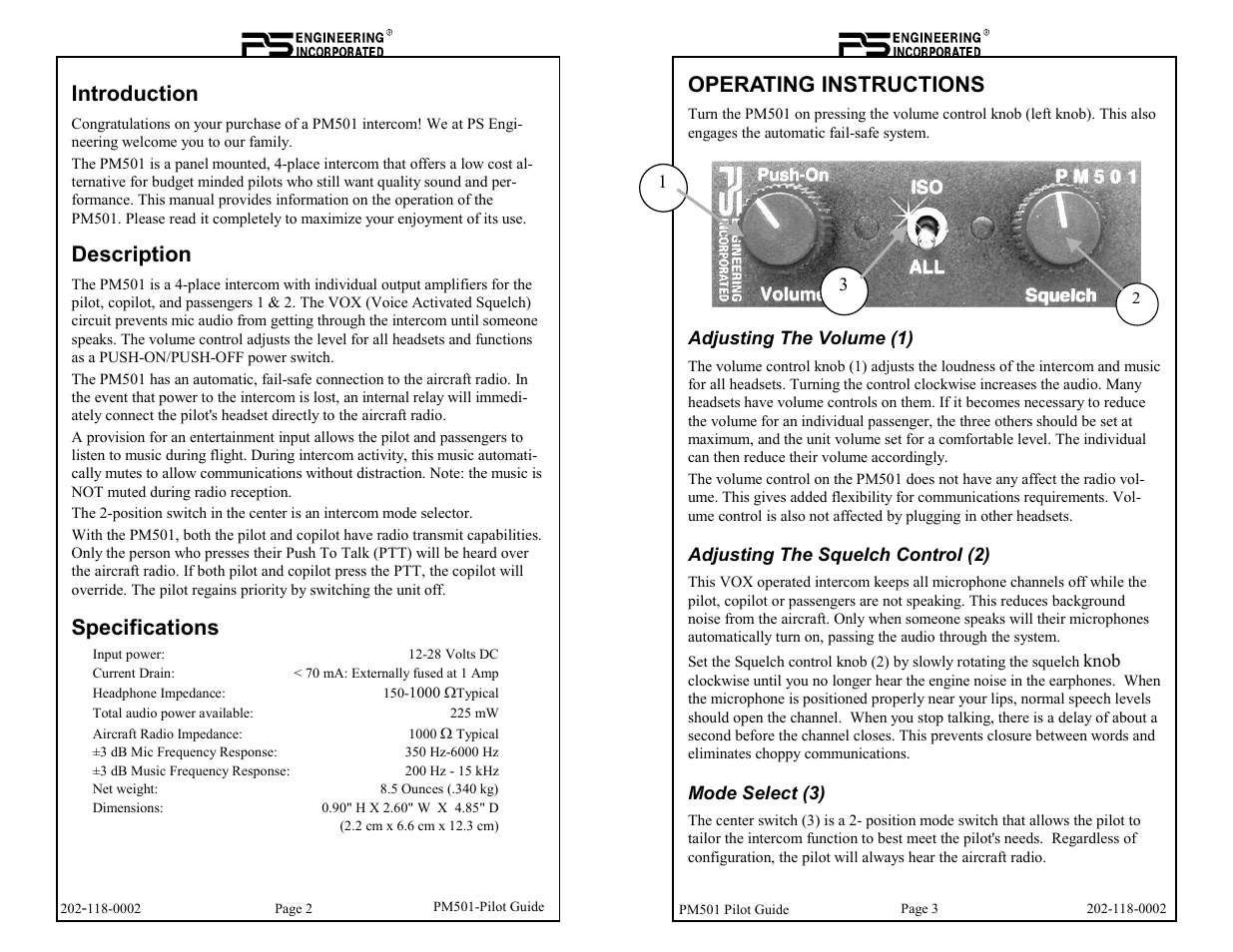 Introduction, Description, Specifications | Operating instructions | PS Engineering PM500EX Pilot’s Guide User Manual | Page 2 / 2