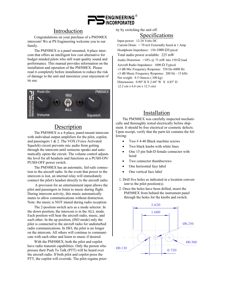 Introduction, Description, Specifications | Installation | PS Engineering PM500EX Installation Manual User Manual | Page 2 / 6