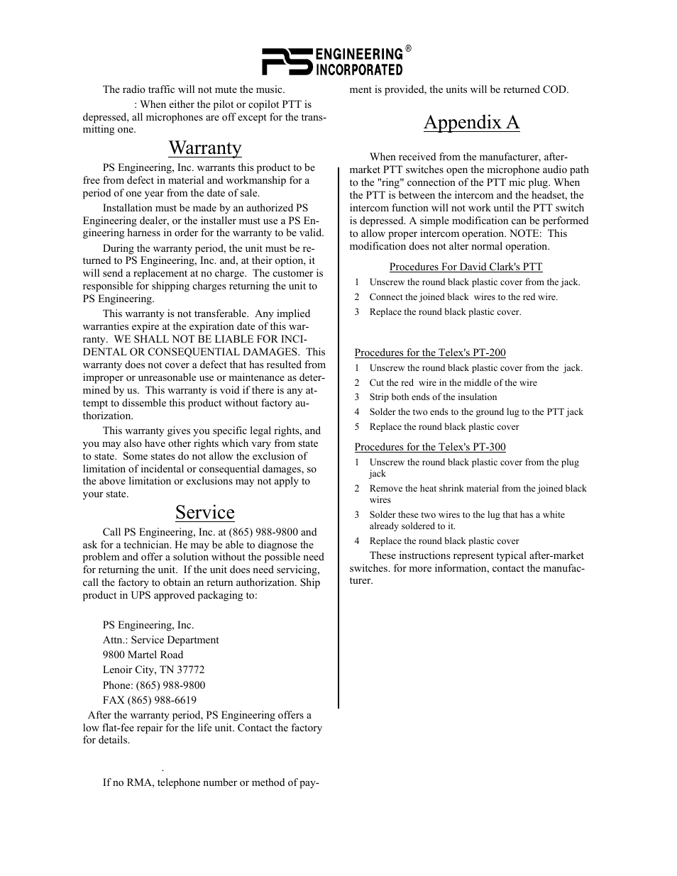 Warranty, Service, Appendix a | PS Engineering PM500EX Installation Manual User Manual | Page 5 / 6